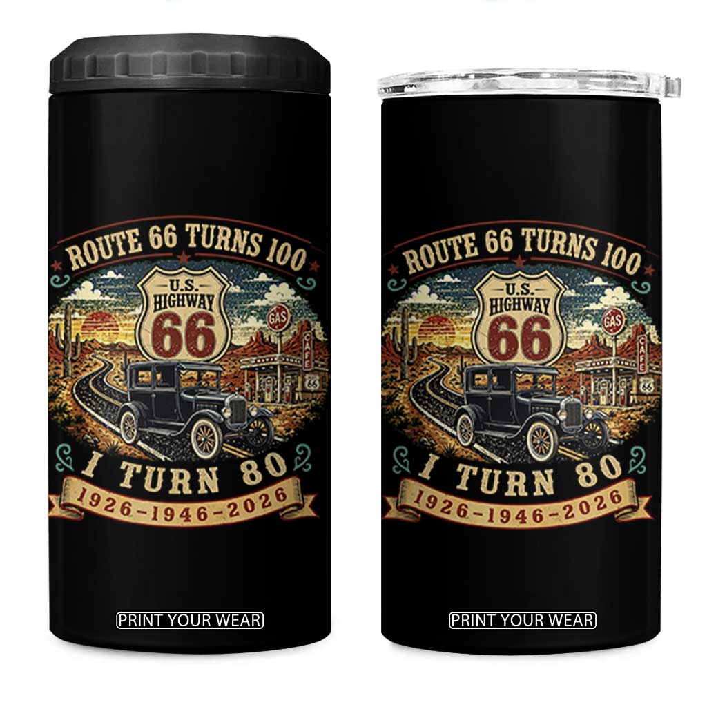 Route Highway 66 Turns 100 I Turn 80 4 in 1 Can Cooler Tumbler Vintage 1946 Road Sign Antique Car Lover 80th Birthday Gift