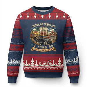 Route Highway 66 Turns 100 I Turn 80 Ugly Christmas Sweater Vintage 1946 Road Sign Antique Car Lover 80th Birthday Gift