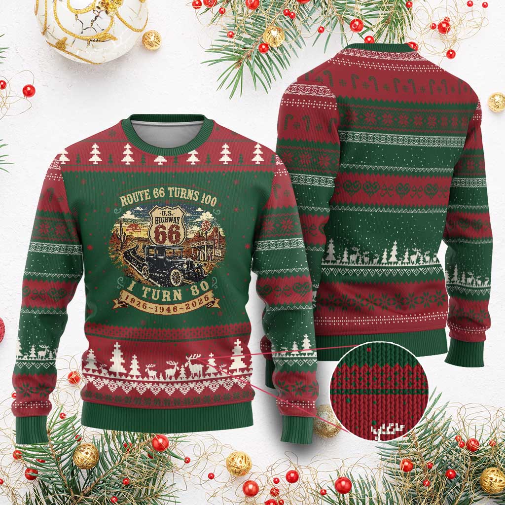 Route Highway 66 Turns 100 I Turn 80 Ugly Christmas Sweater Vintage 1946 Road Sign Antique Car Lover 80th Birthday Gift