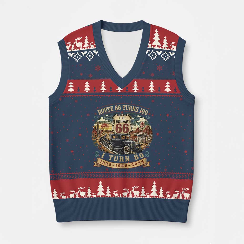 Route Highway 66 Turns 100 I Turn 80 V-Neck Knit Sweater Vest Vintage 1946 Road Sign Antique Car Lover 80th Birthday Gift TS14 Navy Red Print Your Wear