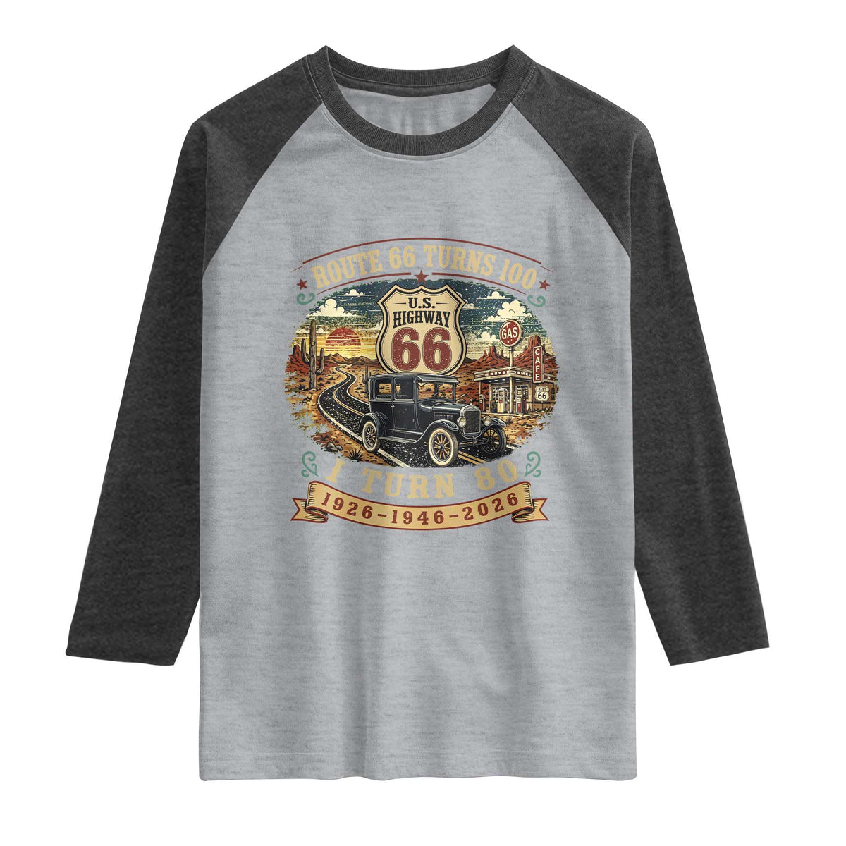 Route Highway 66 Turns 100 I Turn 80 Raglan Shirt Vintage 1946 Road Sign Antique Car Lover 80th Birthday Gift