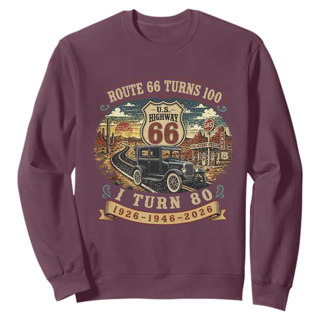 Route Highway 66 Turns 100 I Turn 80 Sweatshirt Vintage 1946 Road Sign Antique Car Lover 80th Birthday Gift