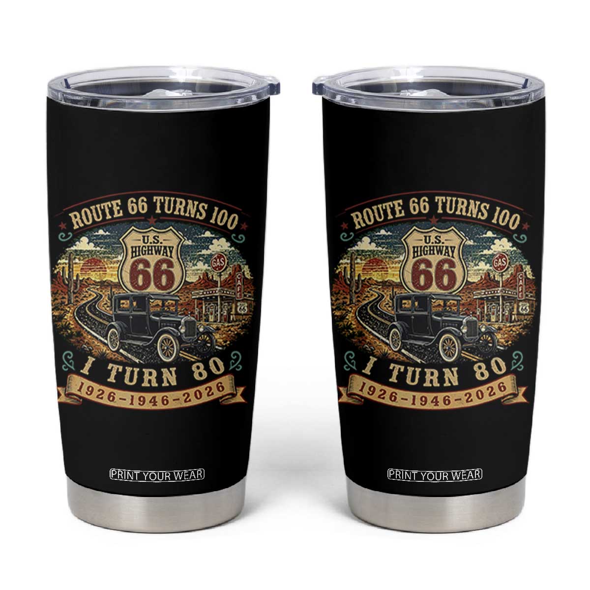 Route Highway 66 Turns 100 I Turn 80 Tumbler Cup Vintage 1946 Road Sign Antique Car Lover 80th Birthday Gift