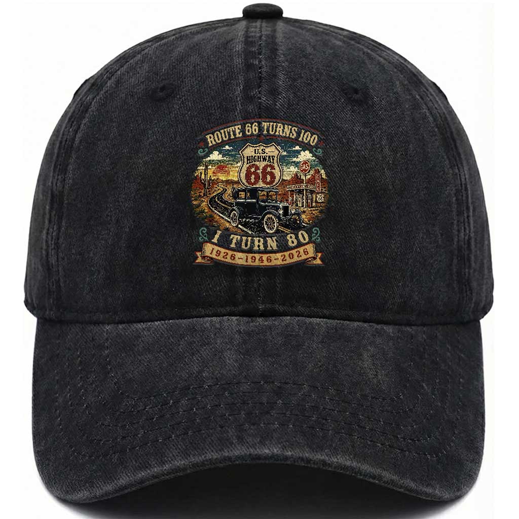 Route Highway 66 Turns 100 I Turn 80 Washed Cotton Baseball Cap Vintage 1946 Road Sign Antique Car Lover 80th Birthday Gift