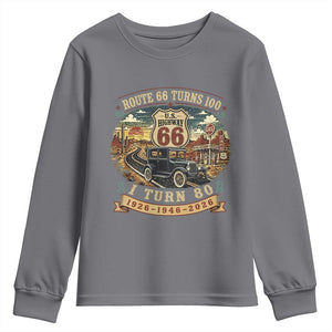 Route Highway 66 Turns 100 I Turn 80 Youth Sweatshirt Vintage 1946 Road Sign Antique Car Lover 80th Birthday Gift