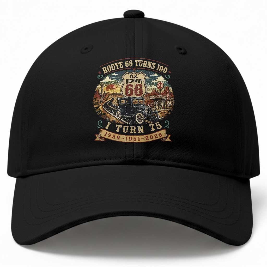 Route Highway 66 Turns 100 I Turn 75 Baseball Cap Vintage 1951 Road Sign Antique Car Lover 75th Birthday Gift