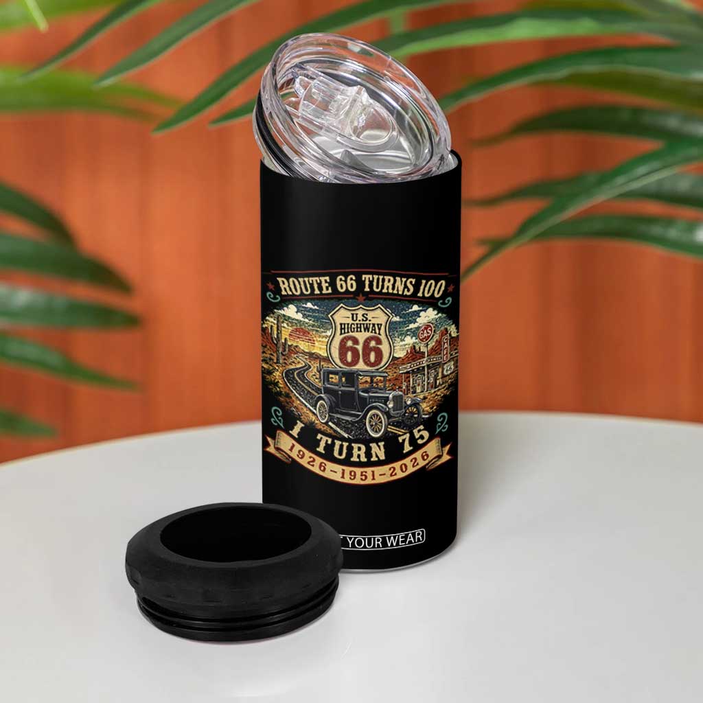 Route Highway 66 Turns 100 I Turn 75 4 in 1 Can Cooler Tumbler Vintage 1951 Road Sign Antique Car Lover 75th Birthday Gift