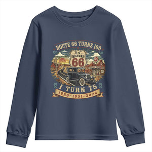Route Highway 66 Turns 100 I Turn 75 Youth Sweatshirt Vintage 1951 Road Sign Antique Car Lover 75th Birthday Gift
