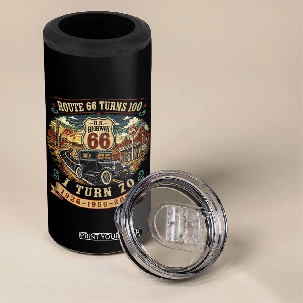 Route Highway 66 Turns 100 I Turn 70 4 in 1 Can Cooler Tumbler Vintage 1956 Road Sign Antique Car Lover 70th Birthday Gift