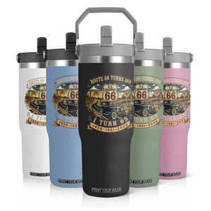 Route Highway 66 Turns 100 I Turn 65 Flip Straw Tumbler Vintage 1961 Road Sign Antique Car Lover 65th Birthday Gift