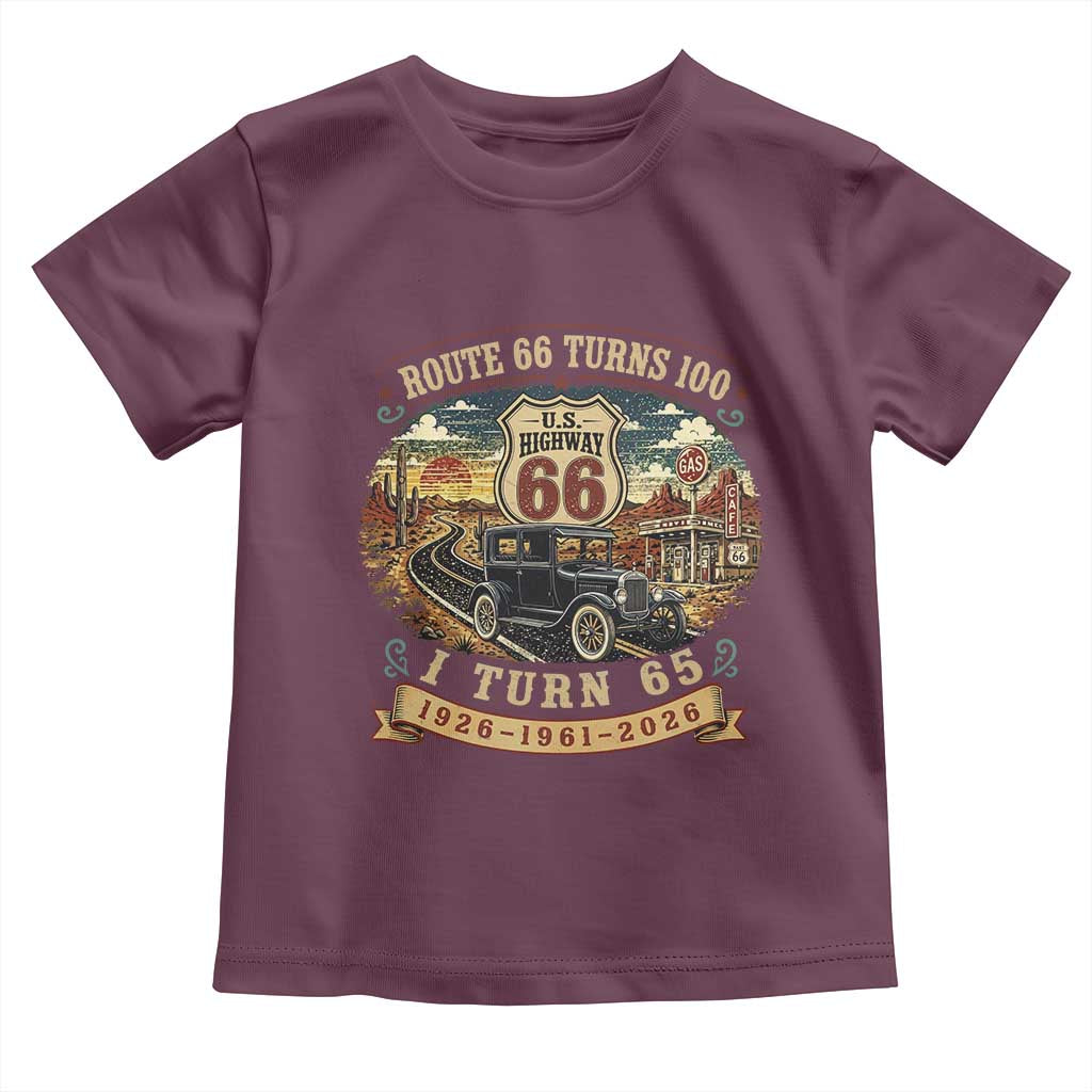 Route Highway 66 Turns 100 I Turn 65 Toddler T Shirt Vintage 1961 Road Sign Antique Car Lover 65th Birthday Gift