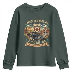 Route Highway 66 Turns 100 I Turn 65 Youth Sweatshirt Vintage 1961 Road Sign Antique Car Lover 65th Birthday Gift
