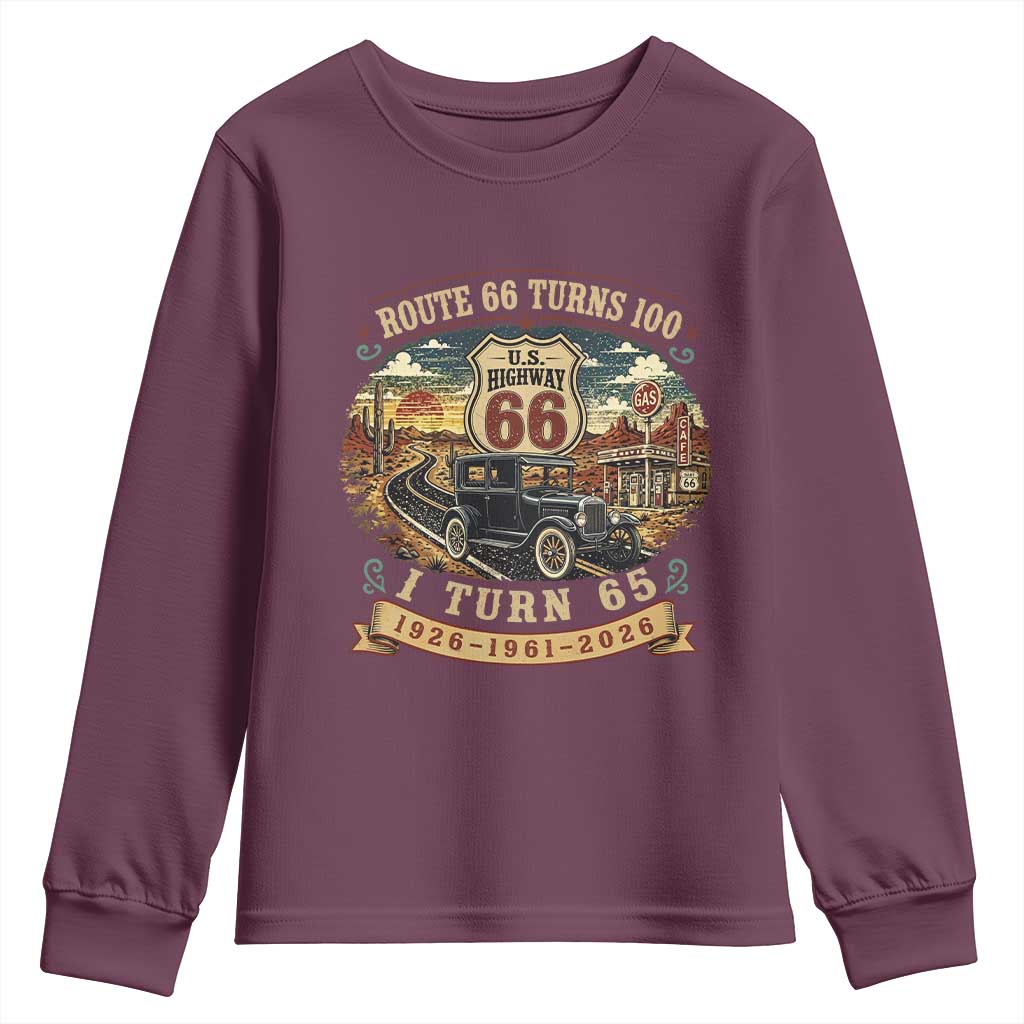 Route Highway 66 Turns 100 I Turn 65 Youth Sweatshirt Vintage 1961 Road Sign Antique Car Lover 65th Birthday Gift