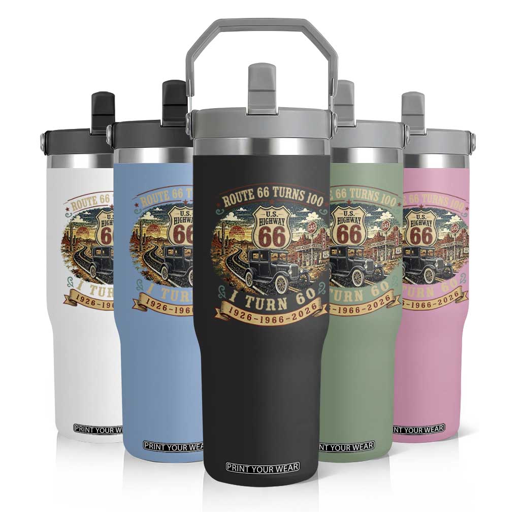 Route Highway 66 Turns 100 I Turn 60 Flip Straw Tumbler Vintage 1966 Road Sign Antique Car Lover 60th Birthday Gift