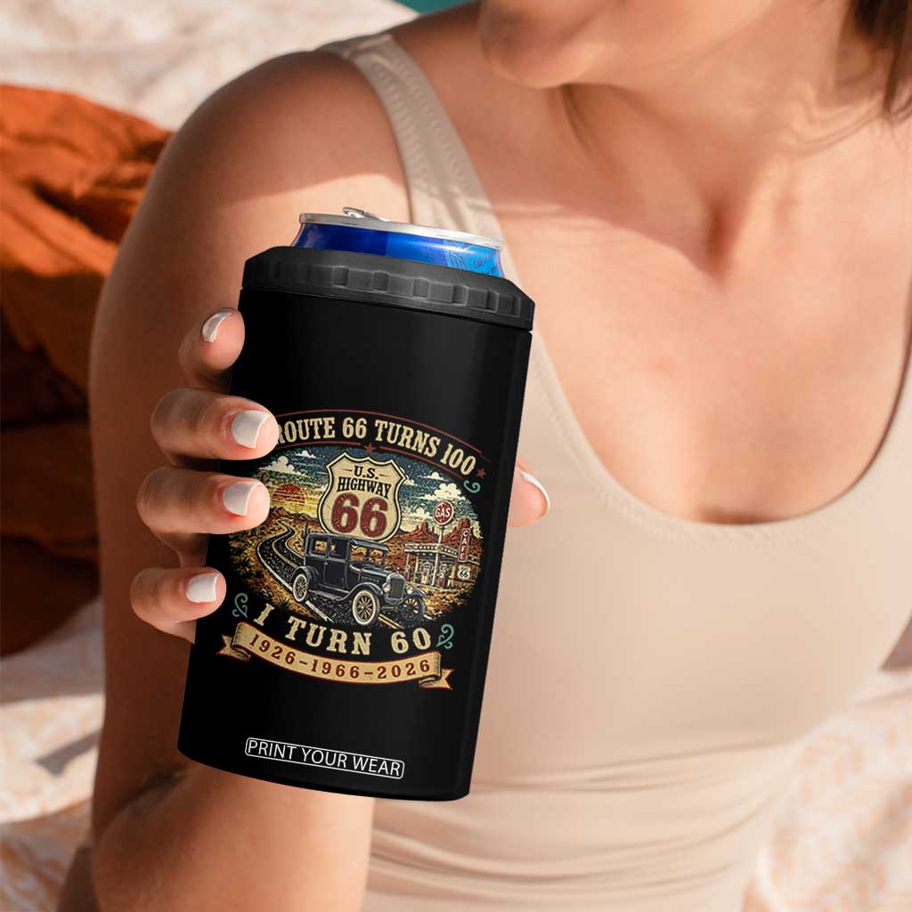 Route Highway 66 Turns 100 I Turn 60 4 in 1 Can Cooler Tumbler Vintage 1966 Road Sign Antique Car Lover 60th Birthday Gift