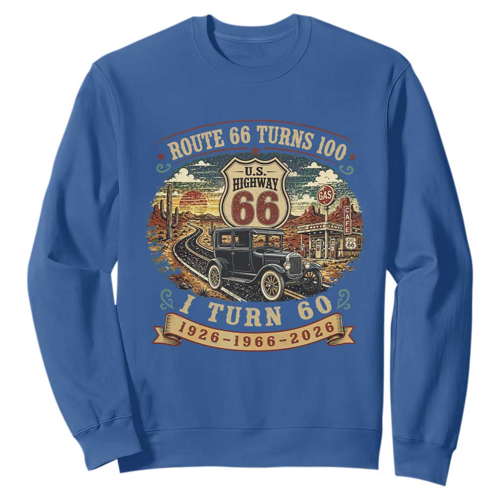 Route Highway 66 Turns 100 I Turn 60 Sweatshirt Vintage 1966 Road Sign Antique Car Lover 60th Birthday Gift