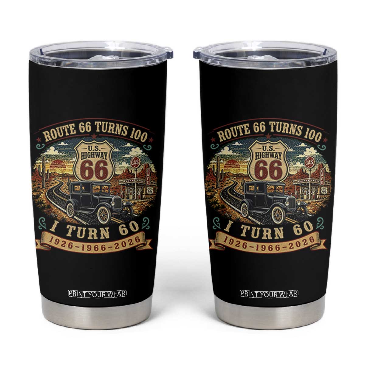 Route Highway 66 Turns 100 I Turn 60 Tumbler Cup Vintage 1966 Road Sign Antique Car Lover 60th Birthday Gift
