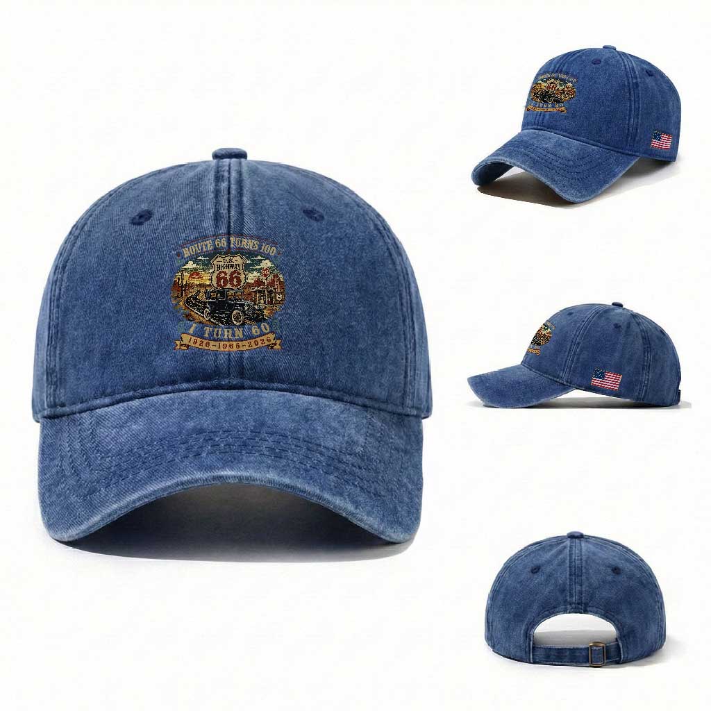 Route Highway 66 Turns 100 I Turn 60 Washed Cotton Baseball Cap Vintage 1966 Road Sign Antique Car Lover 60th Birthday Gift
