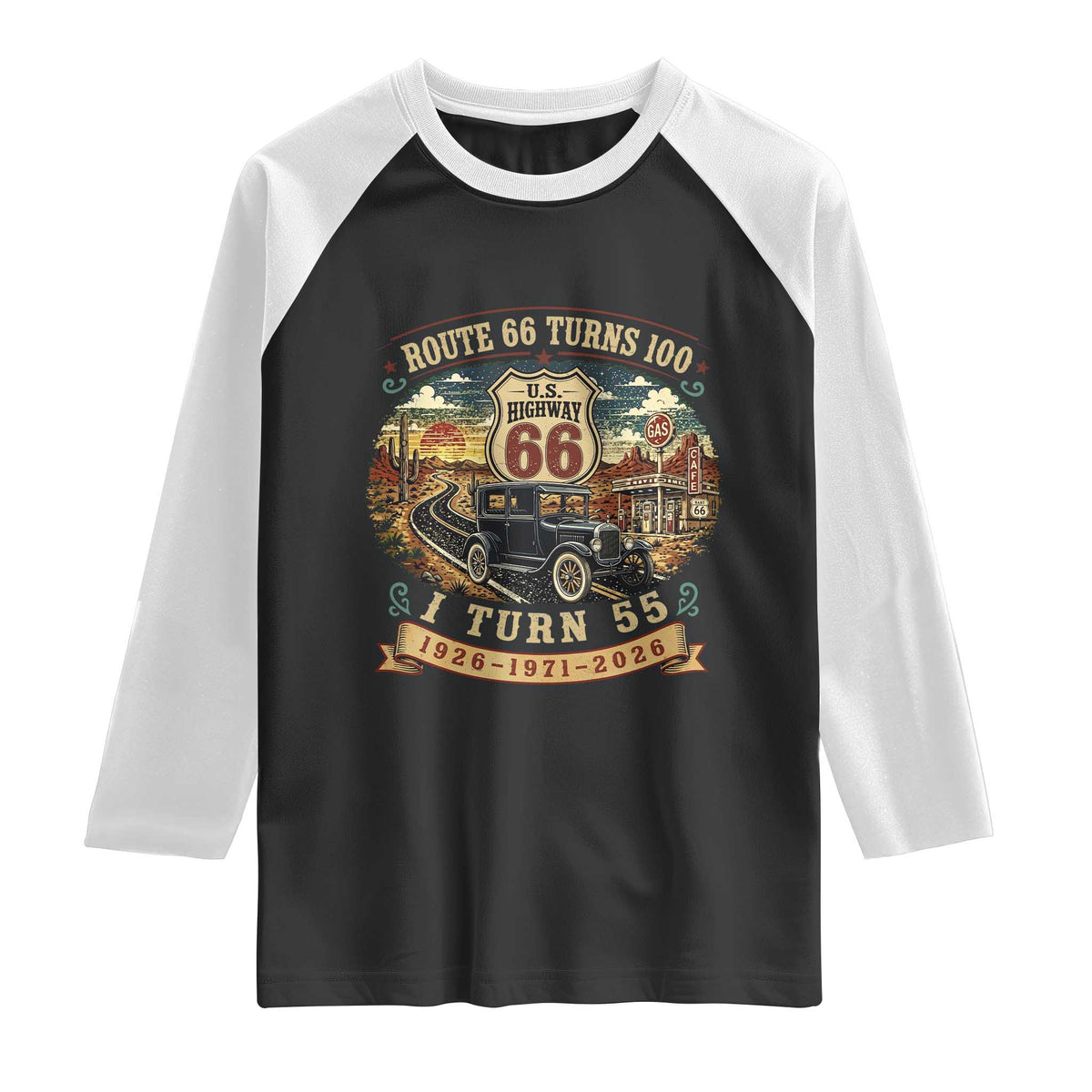 Route Highway 66 Turns 100 I Turn 55 Raglan Shirt Vintage 1971 Road Sign Antique Car Lover 55th Birthday Gift