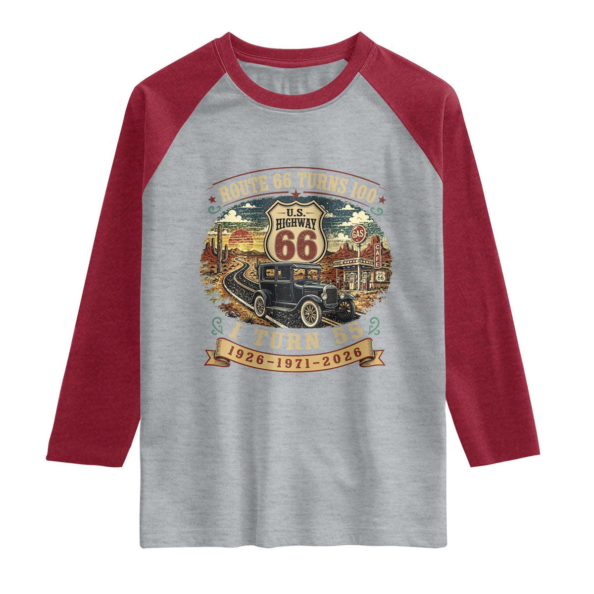 Route Highway 66 Turns 100 I Turn 55 Raglan Shirt Vintage 1971 Road Sign Antique Car Lover 55th Birthday Gift