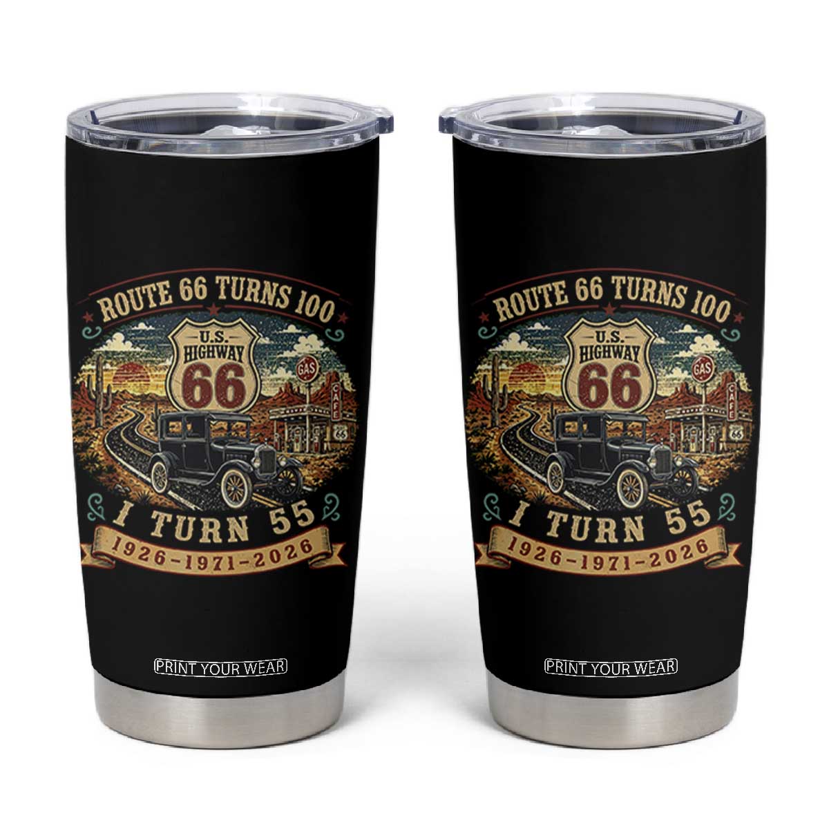Route Highway 66 Turns 100 I Turn 55 Tumbler Cup Vintage 1971 Road Sign Antique Car Lover 55th Birthday Gift