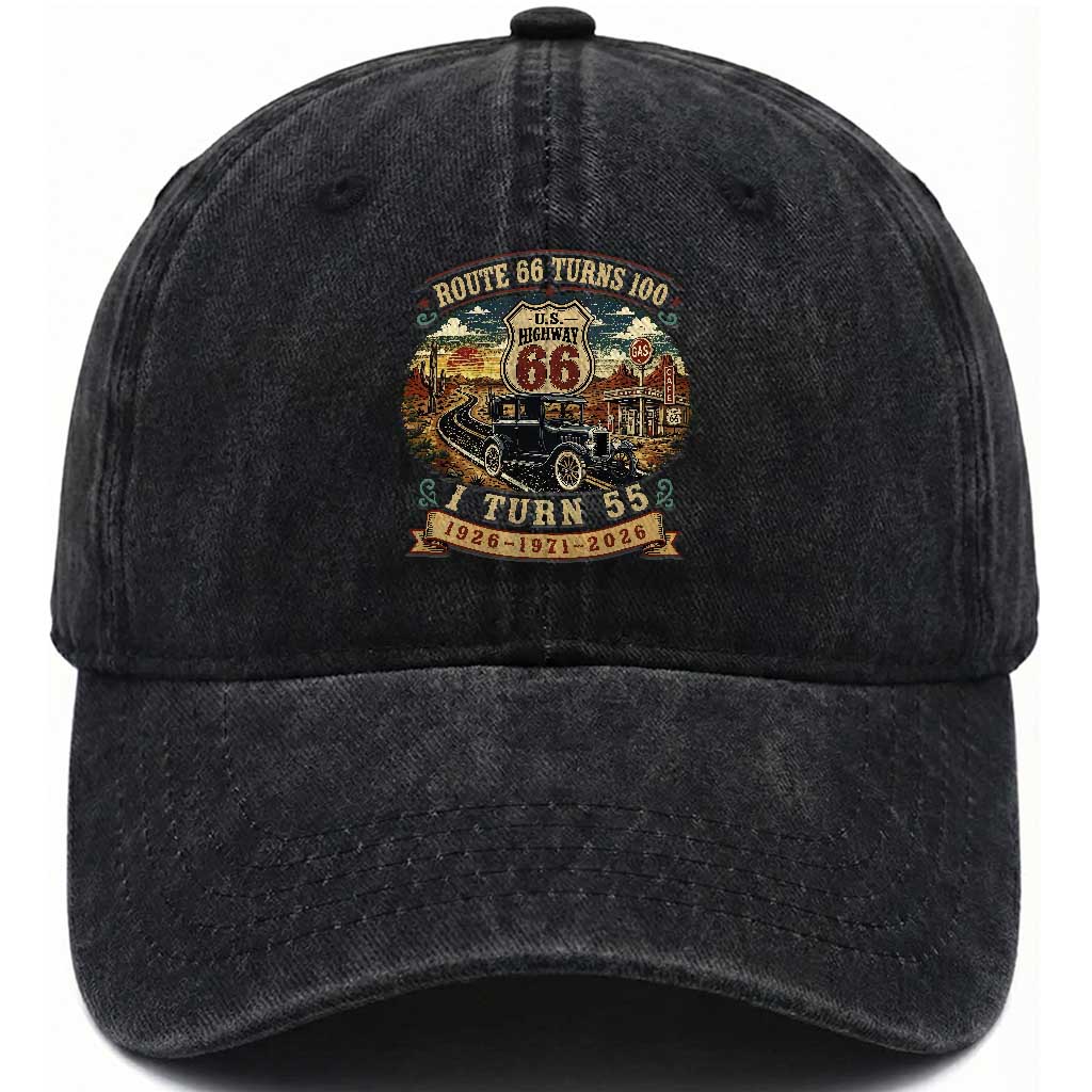 Route Highway 66 Turns 100 I Turn 55 Washed Cotton Baseball Cap Vintage 1971 Road Sign Antique Car Lover 55th Birthday Gift TS14 Print Your Wear