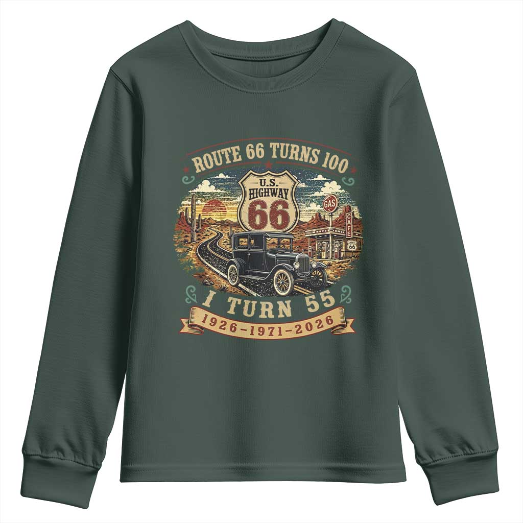 Route Highway 66 Turns 100 I Turn 55 Youth Sweatshirt Vintage 1971 Road Sign Antique Car Lover 55th Birthday Gift