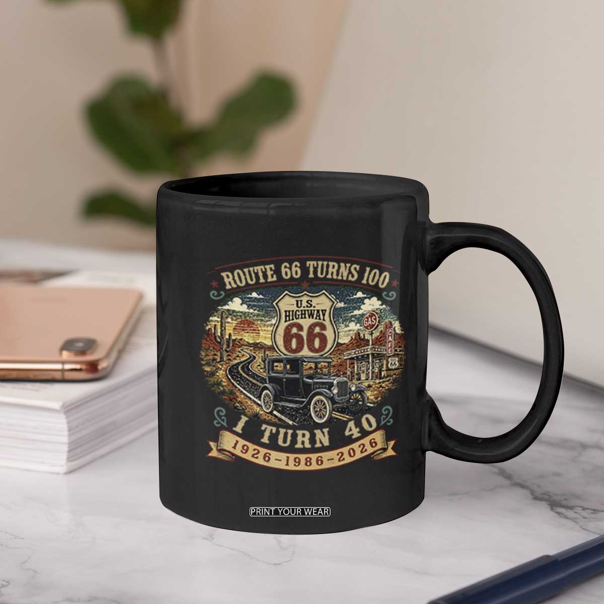 Route Highway 66 Turns 100 I Turn 40 Coffee Mug Vintage 1986 Road Sign Antique Car Lover 40th Birthday Gift
