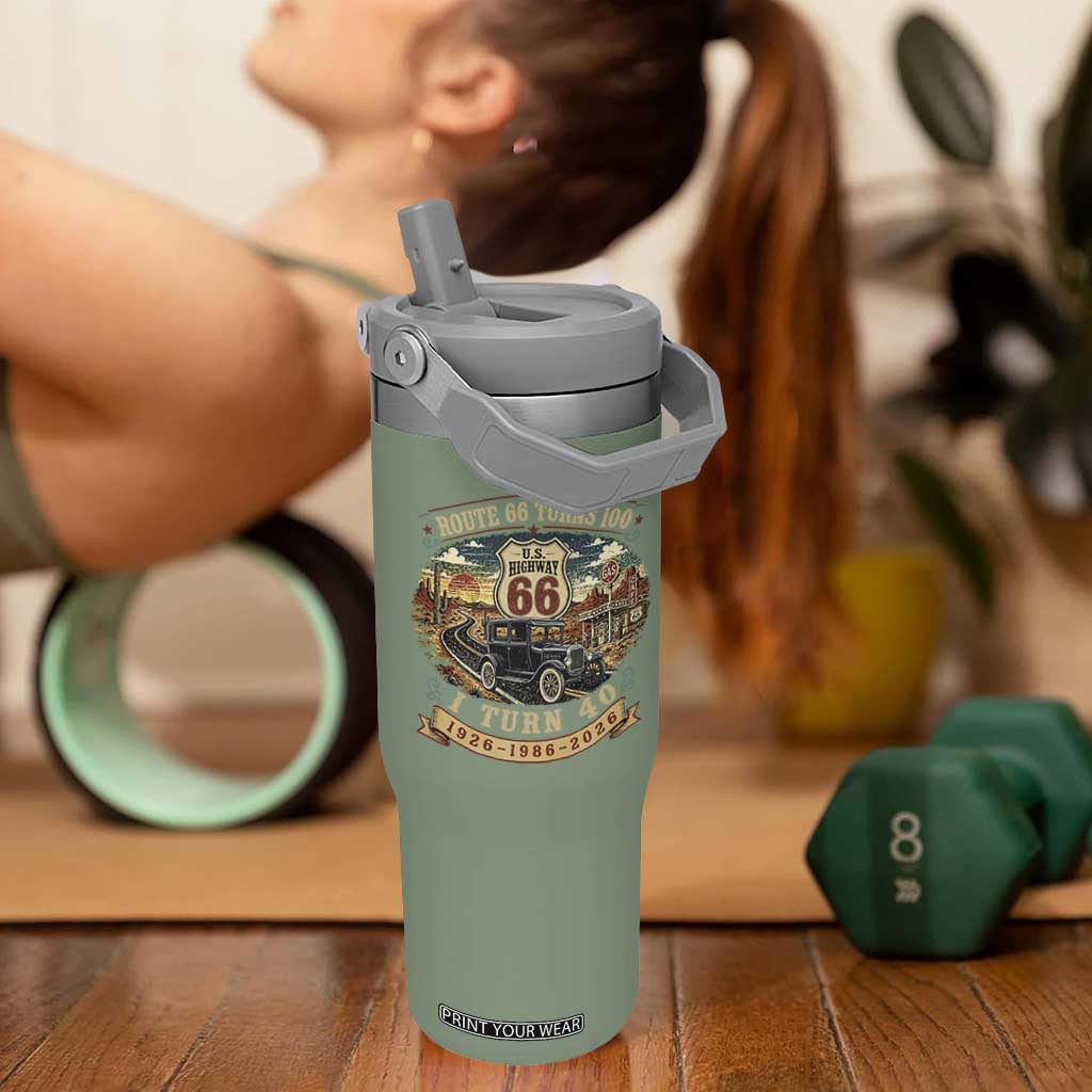 Route Highway 66 Turns 100 I Turn 40 Flip Straw Tumbler Vintage 1986 Road Sign Antique Car Lover 40th Birthday Gift