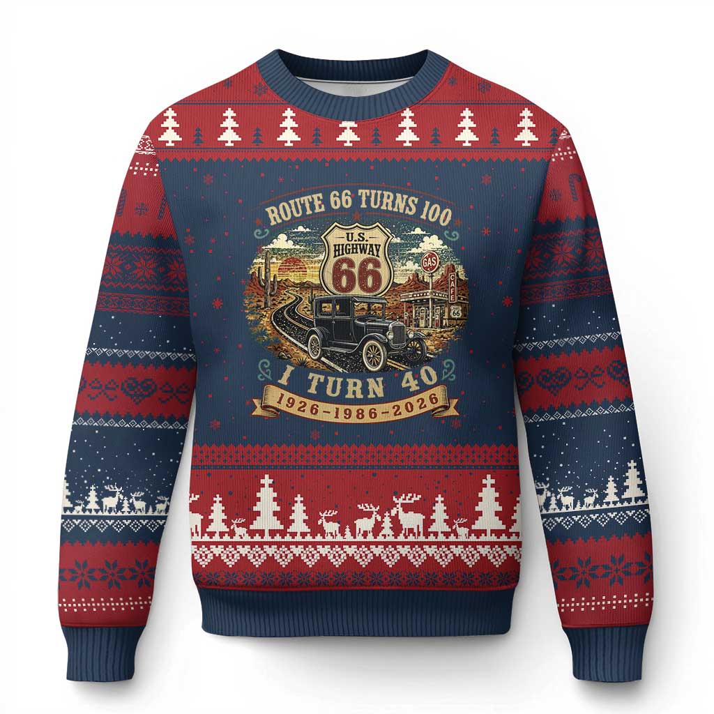 Route Highway 66 Turns 100 I Turn 40 Ugly Christmas Sweater Vintage 1986 Road Sign Antique Car Lover 40th Birthday Gift