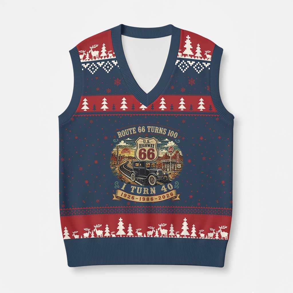 Route Highway 66 Turns 100 I Turn 40 V-Neck Knit Sweater Vest Vintage 1986 Road Sign Antique Car Lover 40th Birthday Gift