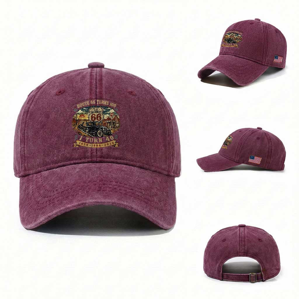 Route Highway 66 Turns 100 I Turn 40 Washed Cotton Baseball Cap Vintage 1986 Road Sign Antique Car Lover 40th Birthday Gift