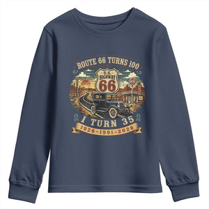 Route Highway 66 Turns 100 I Turn 35 Youth Sweatshirt Vintage 1991 Road Sign Antique Car Lover 35th Birthday Gift