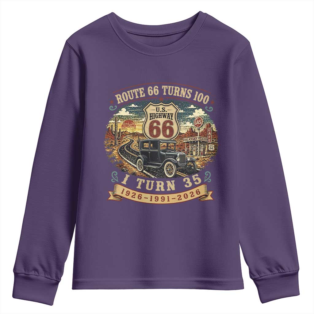 Route Highway 66 Turns 100 I Turn 35 Youth Sweatshirt Vintage 1991 Road Sign Antique Car Lover 35th Birthday Gift