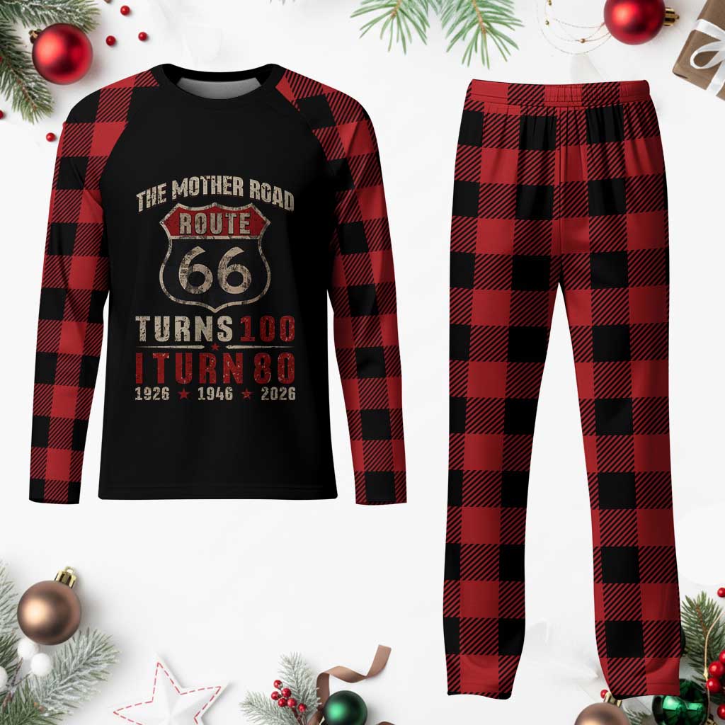 Route Highway 66 Turns 100 I Turn 80 Plaid Pajama Set Vintage 1946 Road Sign 80th Birthday Gift