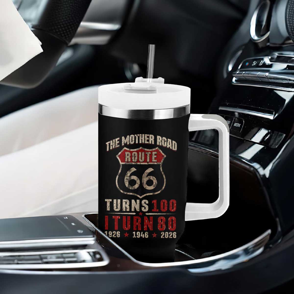 Route Highway 66 Turns 100 I Turn 80 Tumbler With Handle Vintage 1946 Road Sign 80th Birthday Gift