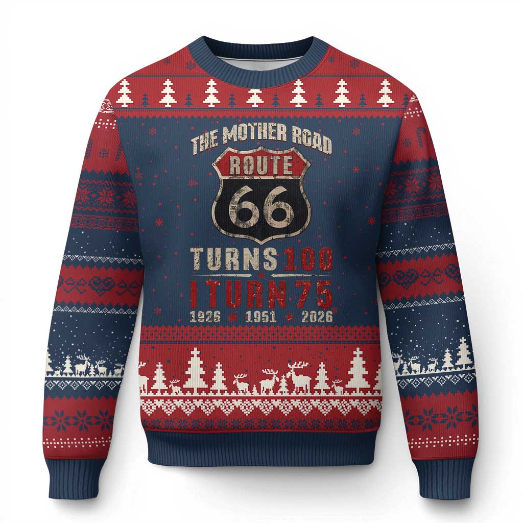 Route Highway 66 Turns 100 I Turn 75 Ugly Christmas Sweater Vintage 1951 Road Sign 75th Birthday Gift TS14 Navy Red Print Your Wear