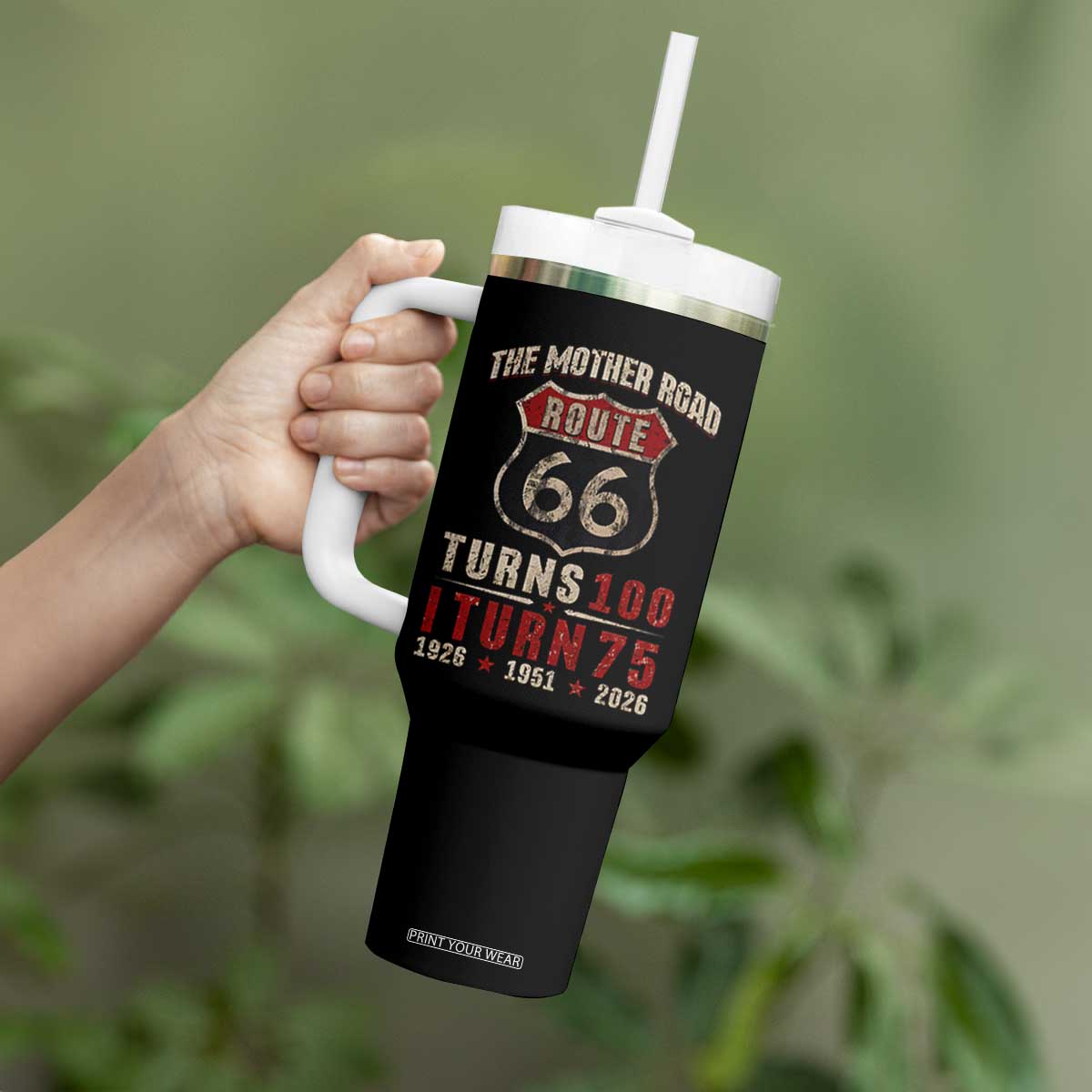 Route Highway 66 Turns 100 I Turn 75 Tumbler With Handle Vintage 1951 Road Sign 75th Birthday Gift