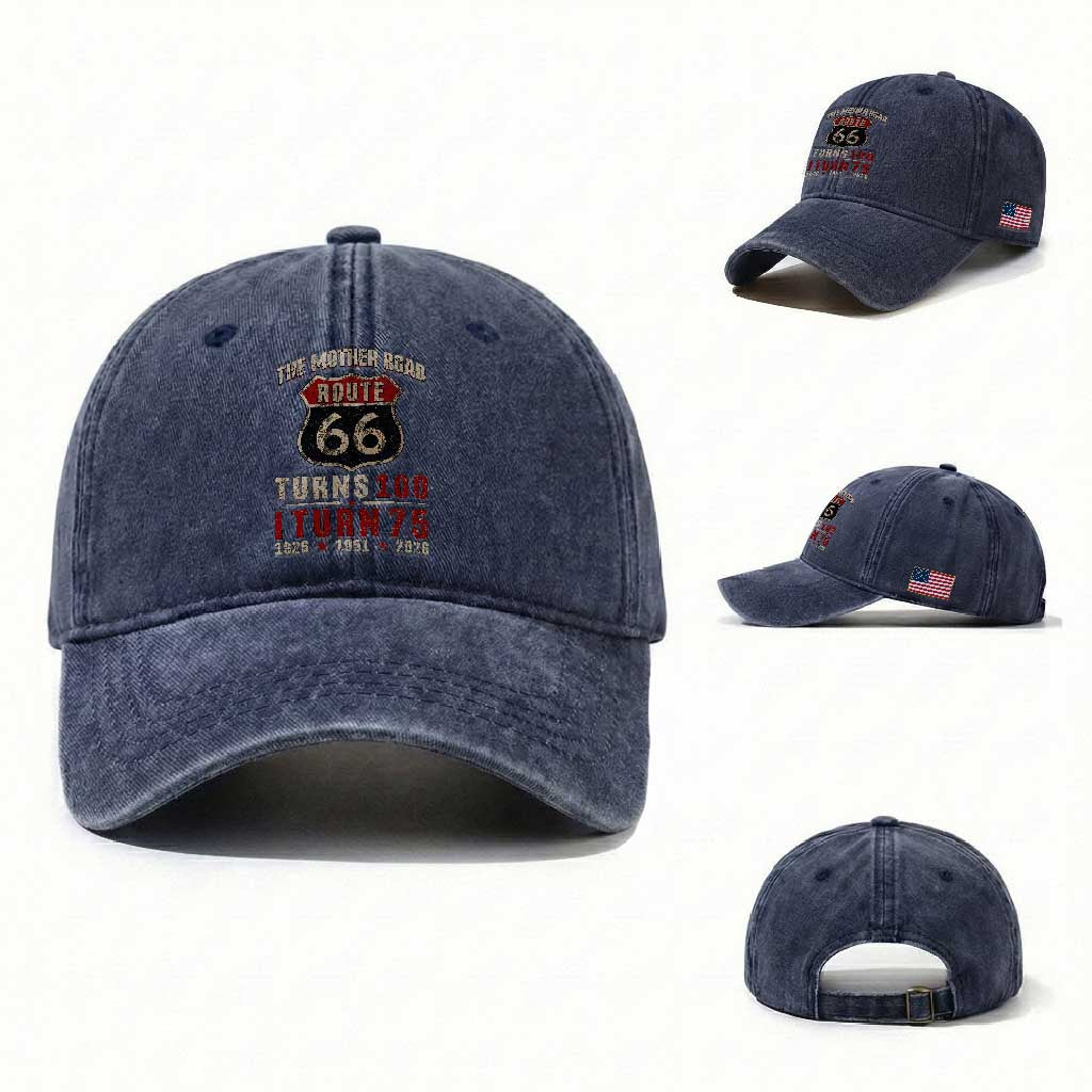 Route Highway 66 Turns 100 I Turn 75 Washed Cotton Baseball Cap Vintage 1951 Road Sign 75th Birthday Gift