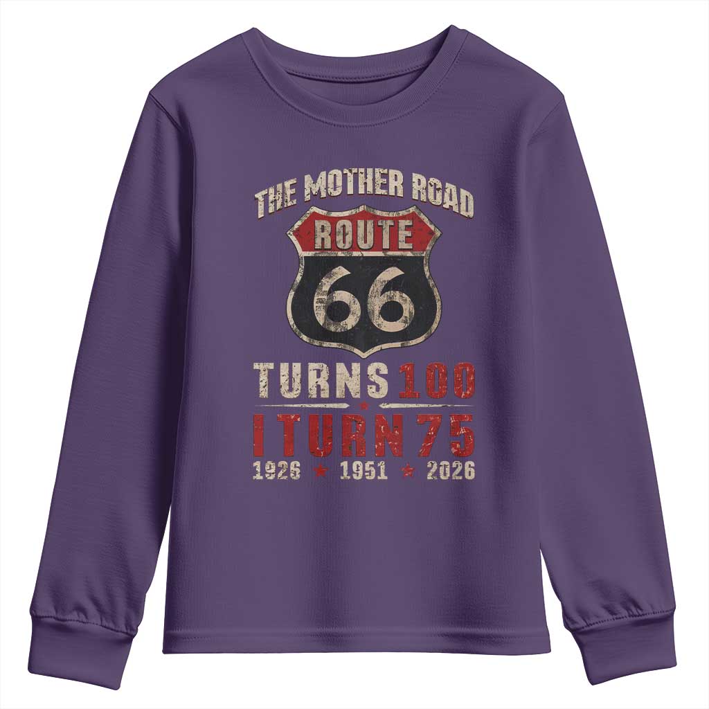 Route Highway 66 Turns 100 I Turn 75 Youth Sweatshirt Vintage 1951 Road Sign 75th Birthday Gift