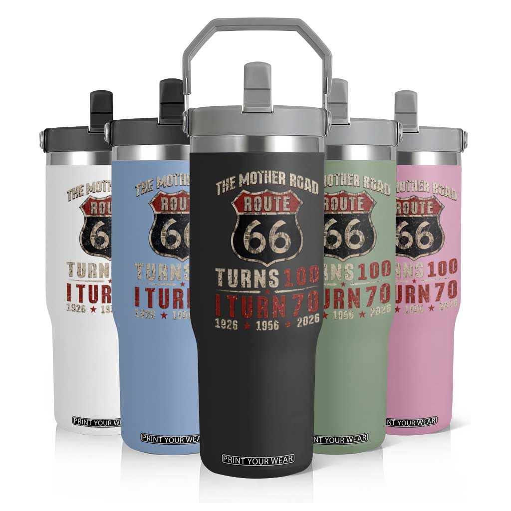 Route Highway 66 Turns 100 I Turn 70 Flip Straw Tumbler Vintage 1956 Road Sign 70th Birthday Gift