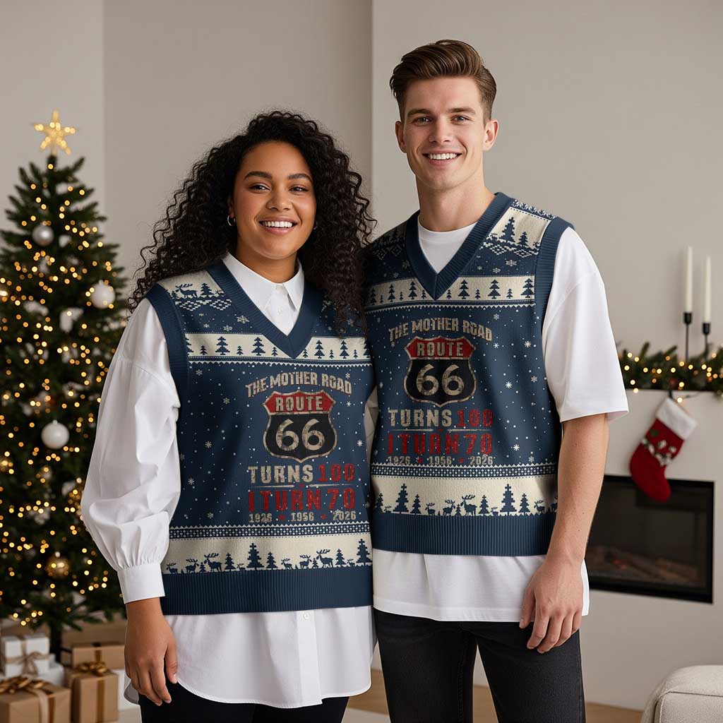 Route Highway 66 Turns 100 I Turn 70 V-Neck Knit Sweater Vest Vintage 1956 Road Sign 70th Birthday Gift