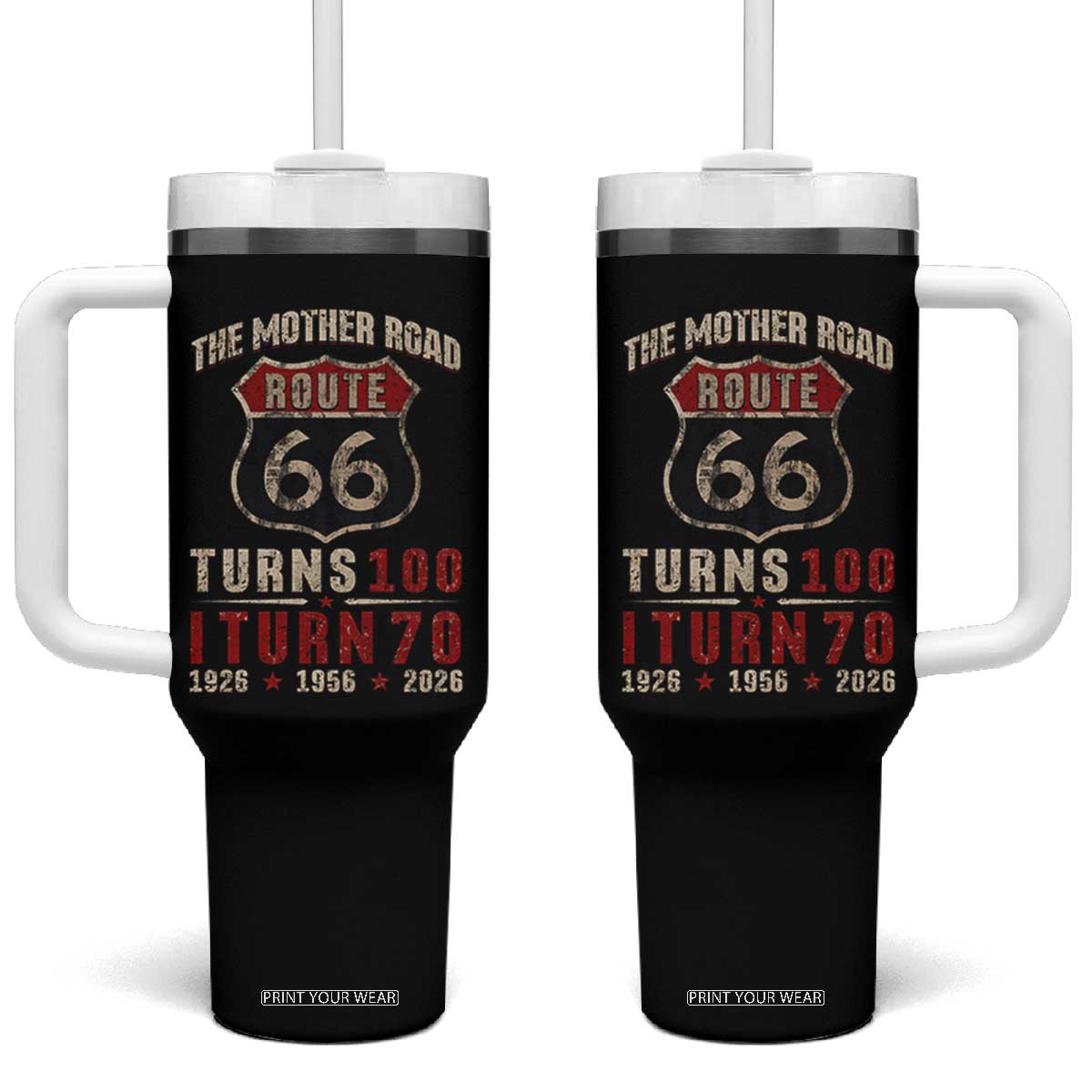Route Highway 66 Turns 100 I Turn 70 Tumbler With Handle Vintage 1956 Road Sign 70th Birthday Gift