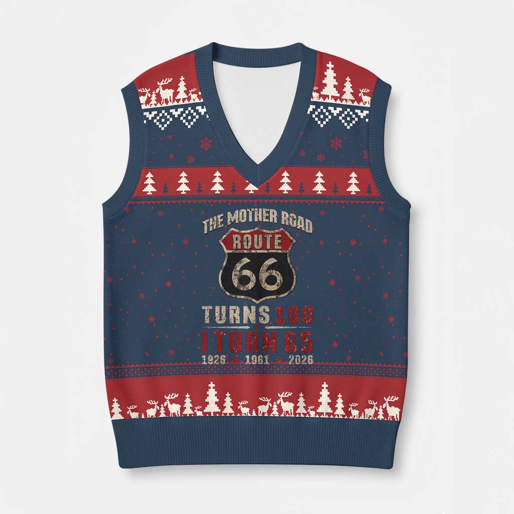 Route Highway 66 Turns 100 I Turn 65 V-Neck Knit Sweater Vest Vintage 1961 Road Sign 65th Birthday Gift