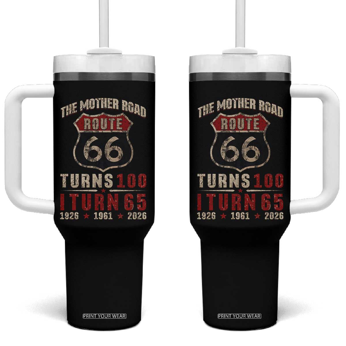 Route Highway 66 Turns 100 I Turn 65 Tumbler With Handle Vintage 1961 Road Sign 65th Birthday Gift