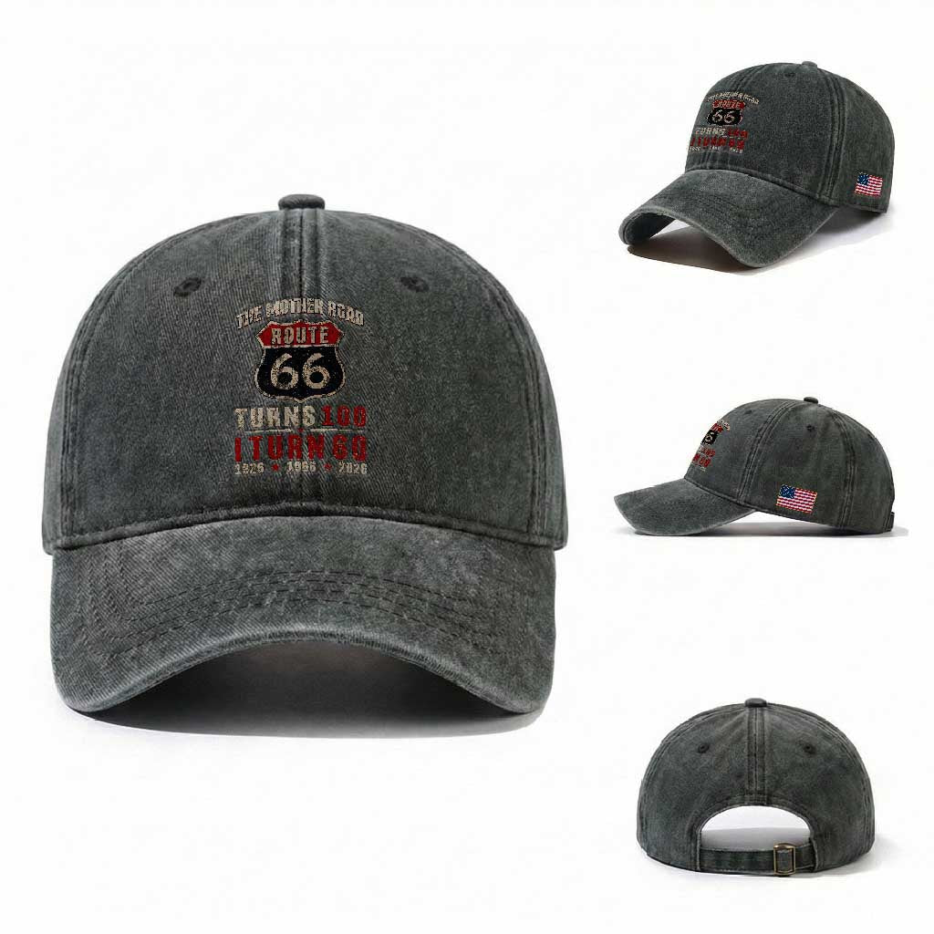 Route Highway 66 Turns 100 I Turn 60 Washed Cotton Baseball Cap Vintage 1966 Road Sign 60th Birthday Gift