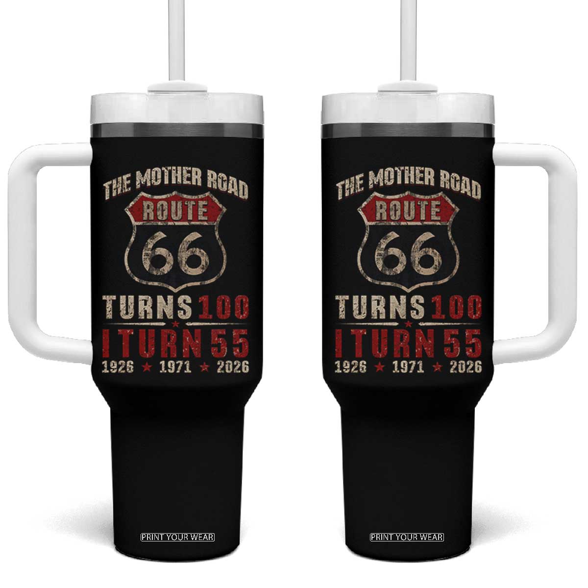 Route Highway 66 Turns 100 I Turn 55 Tumbler With Handle Vintage 1971 Road Sign 55th Birthday Gift