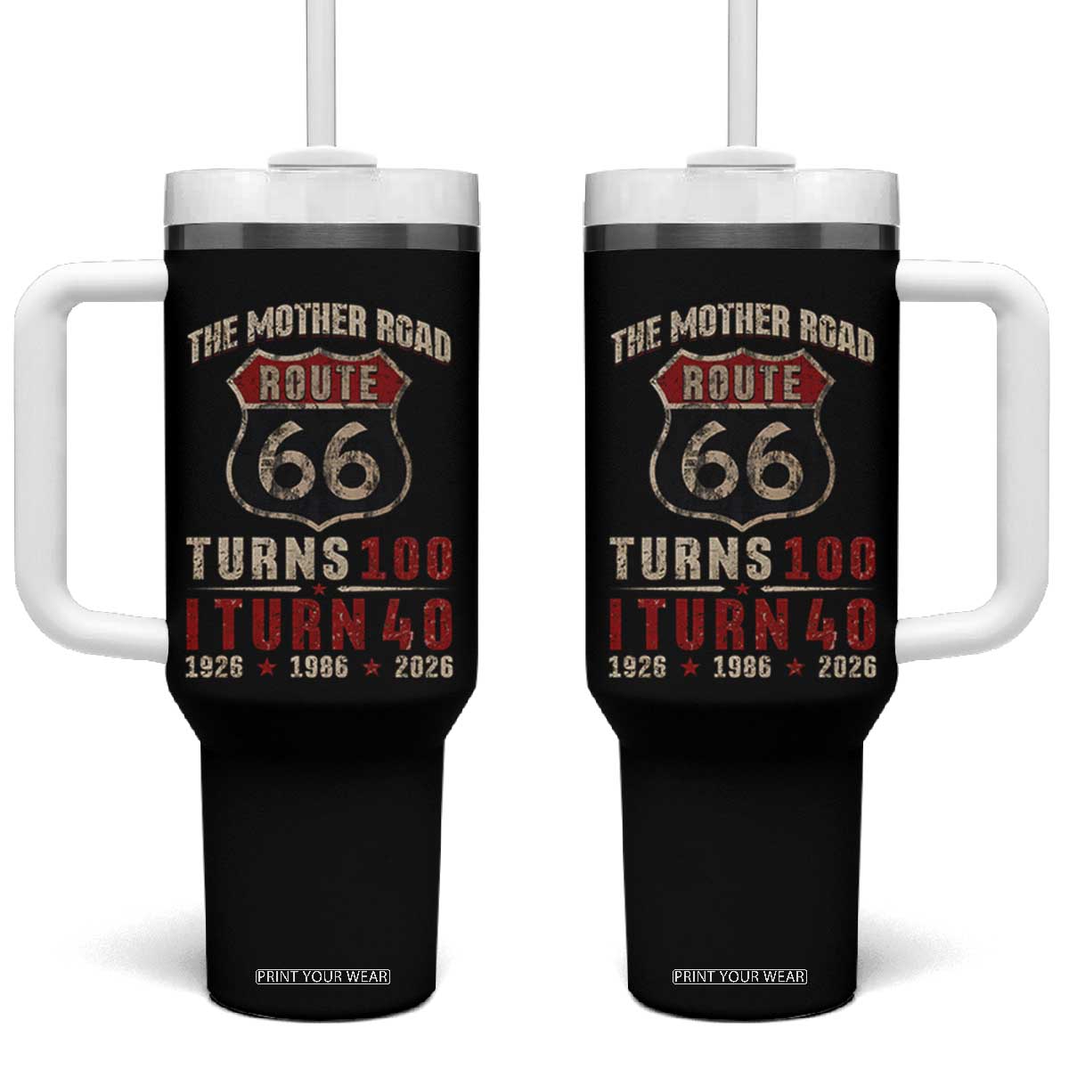Route Highway 66 Turns 100 I Turn 40 Tumbler With Handle Vintage 1986 Road Sign 40th Birthday Gift