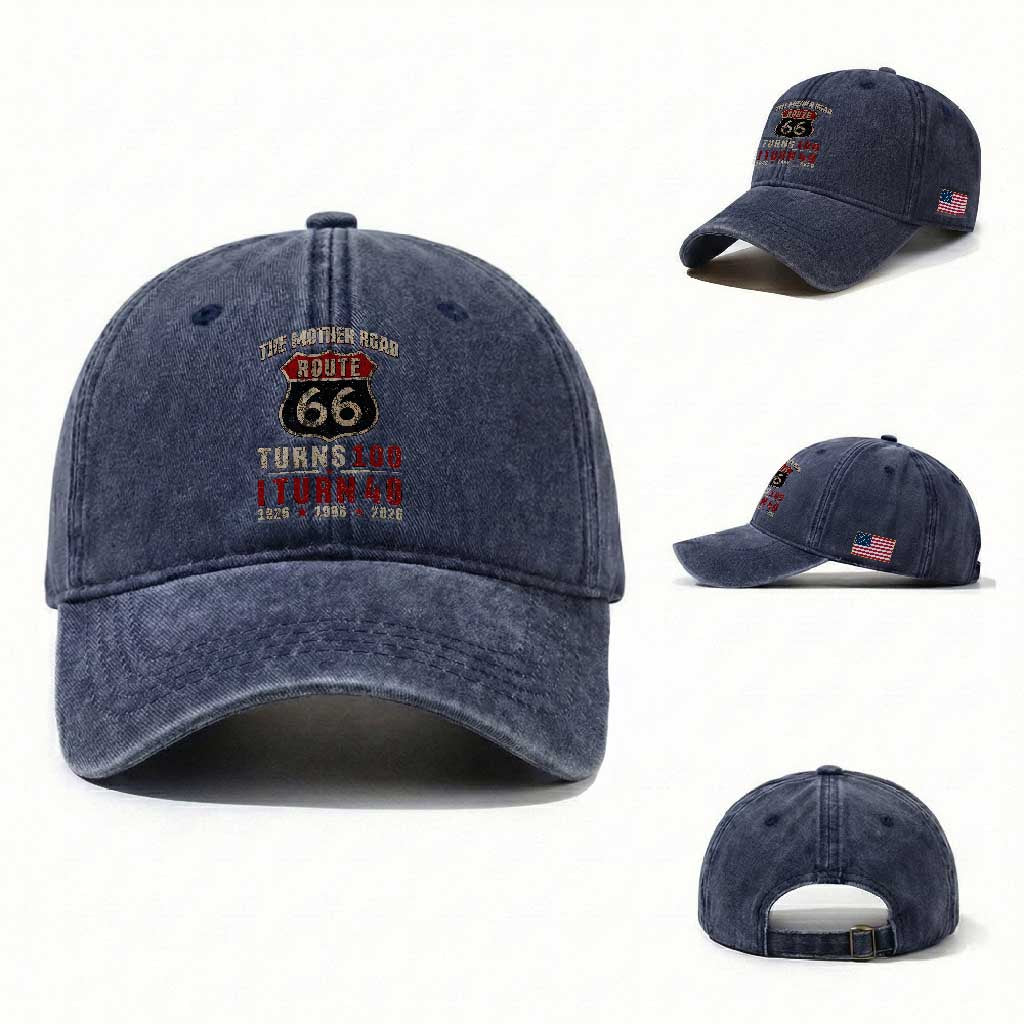 Route Highway 66 Turns 100 I Turn 40 Washed Cotton Baseball Cap Vintage 1986 Road Sign 40th Birthday Gift