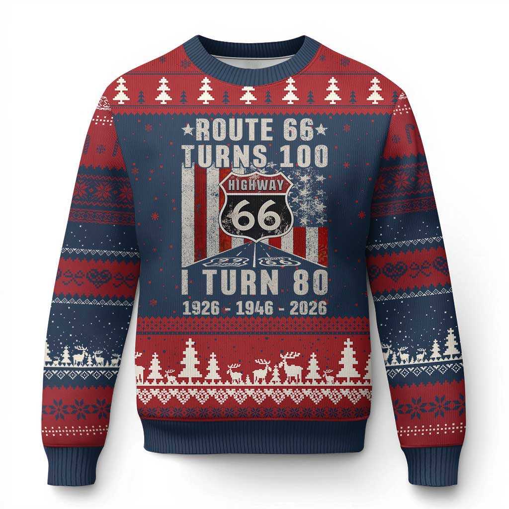 Route Highway 66 Turns 100 I Turn 80 Ugly Christmas Sweater Vintage 1946 Born American Road Sign 80th Birthday Gift